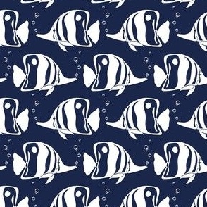 Nautical Butterfly Fish with Bubbles Geometric - White and Navy
