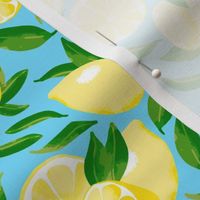 Watercolor Lemons and Leaves on Blue