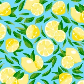 Watercolor Lemons and Leaves on Blue