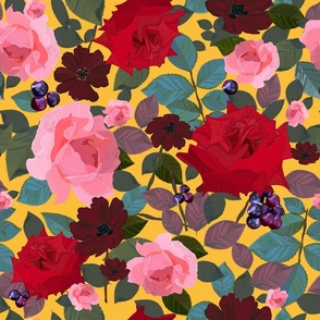 Vintage red pink roses and chocolate cosmos flower pattern