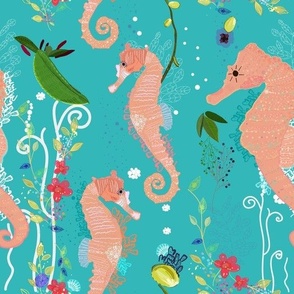 Seahorse and sea plants. Colorful underwater pattern