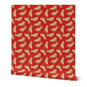 Tossed Golden Retriever Dogs on Bright Red