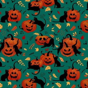 Spooky cats & pumpkins_Green