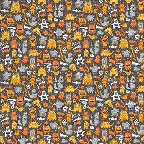 Monsters in Orange on Dark Grey Tiny Small