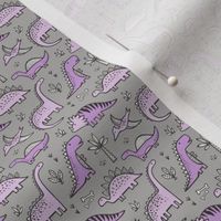 Dinosaurs in Purple on Grey Tiny Small