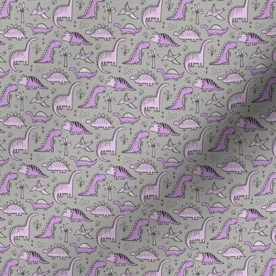 Dinosaurs in Purple on Grey Tiny Small