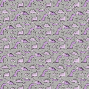 Dinosaurs in Purple on Grey Tiny Small