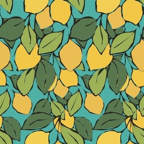Bright citrus lemon pattern. Branch Fruits with leaves. Fresh tropical illustration.