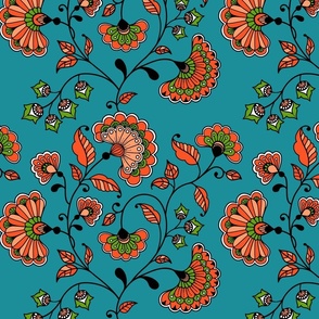 Bohemian Indian flowers teal orange Oriental Wallpaper