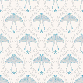 Cozy floral blue damask pattern. Light beige butterfly. Gray branches with leaves modern farmhouse. 