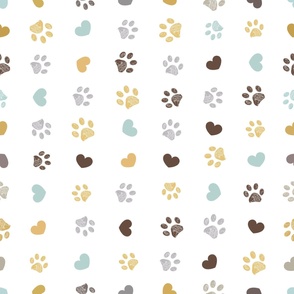 Doodle grey yellow turquoise small paw prints with hearts seamless fabric design pattern vector