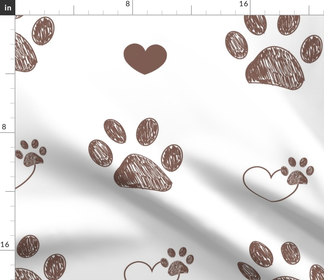 Doodle brown paw prints and hearts vector with white background seamless pattern for fabric