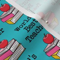 World's Best Teacher - grey - back to school - apple on books on teal - LAD20