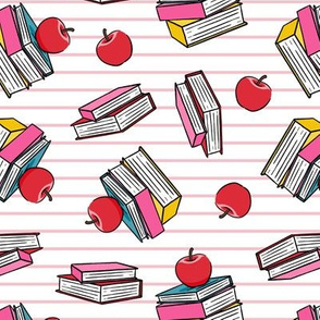 books with apples - back to school teacher -  paper stripes pink - LAD202