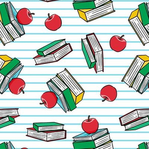 books with apples - back to school teacher -  paper stripes blue - LAD20