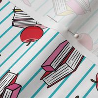 books with apples - back to school teacher -  paper stripes teal - LAD20