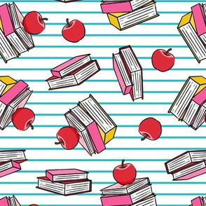 books with apples - back to school teacher -  paper stripes teal - LAD20