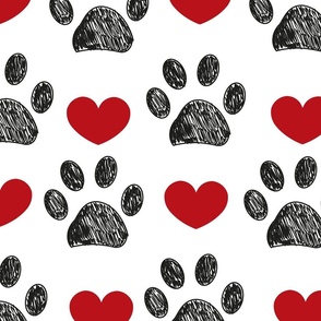 Doodle paw print and red hearts seamless fabric design repeated pattern