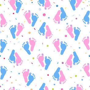Pink and blue colored baby foot prints with confetti and balloons pattern
