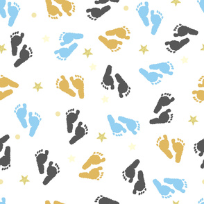 Baby foot prints with gold shining stars. Seamless pattern for fabric design