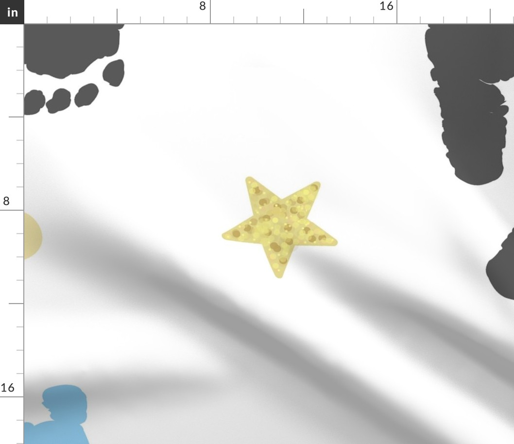 Baby foot prints with gold shining stars. Seamless pattern for fabric design