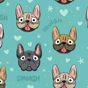 Small French Bulldog Frenchies Teal and Hearts