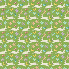 Spring Bunnies, Butterflies, and Flowers on Green