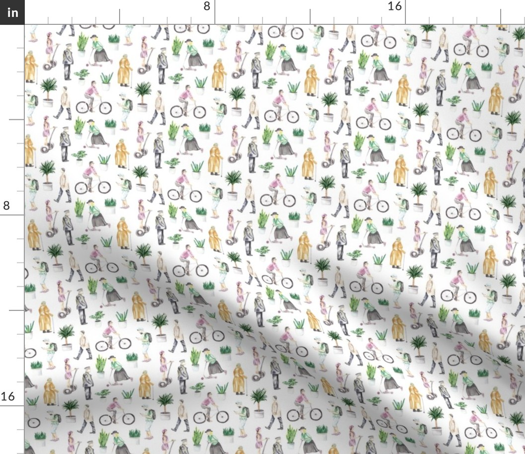 Tiny People Plants Pattern On White