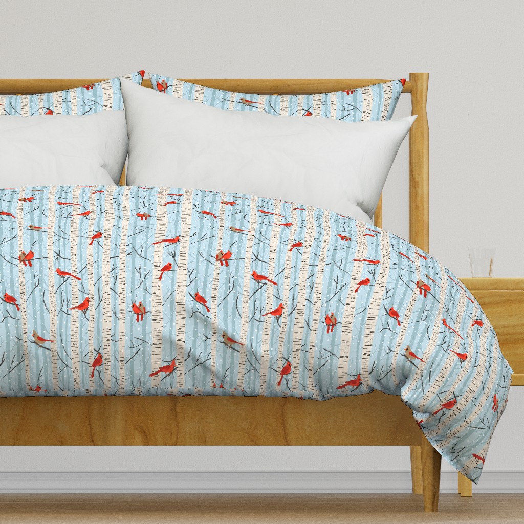 Snowy Cardinals in Birch Trees Blue