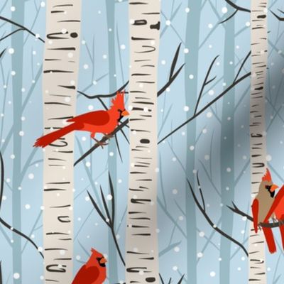 Snowy Cardinals in Birch Trees Blue