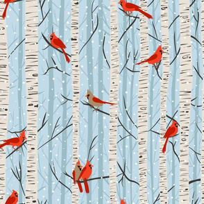 Snowy Cardinals in Birch Trees Blue