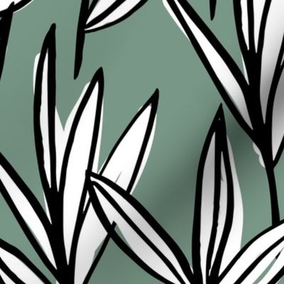 Abstract messy ink winter garden grass and leaves eucalyptus green black and white JUMBO