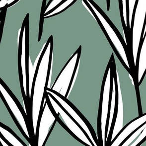 Abstract messy ink winter garden grass and leaves eucalyptus green black and white JUMBO