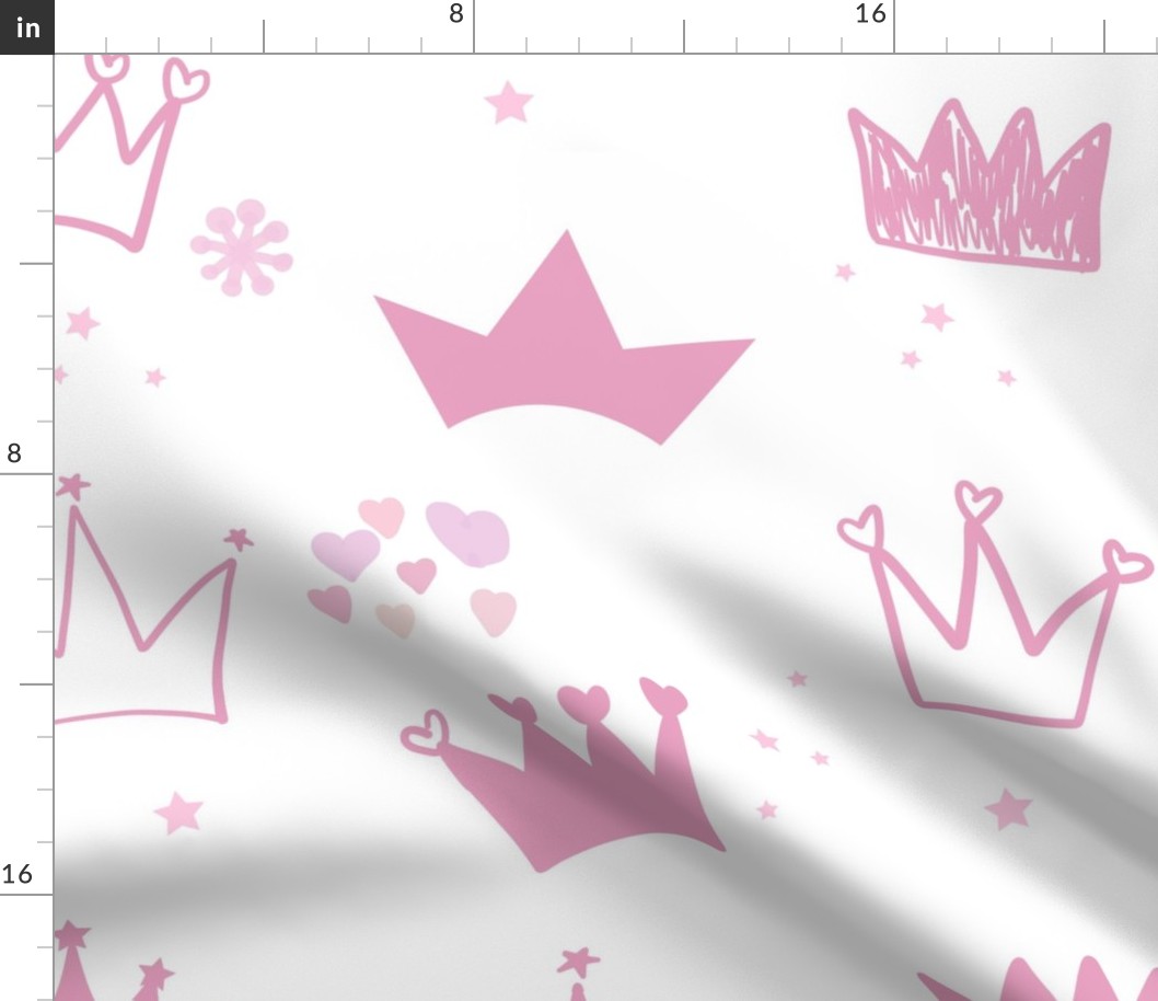 Pink hand drawn doodle crown with stars and hearts. It's a girl. Baby shower greeting card background. Seamless pattern for textile fabric design vector