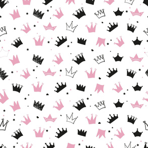 Black and pink colored doodle hand drawn crown with stars. Baby girl_ baby shower_ birthday party_ t-shirt_ textile design element. Seamless for fabric pattern