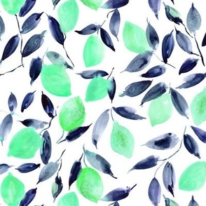 lemon mint in indigo - watercolor citrus pattern - summer lemons design p325-3 