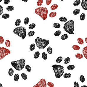 Seamless pattern for textile design. Seamless doodle black and red paw prints pattern