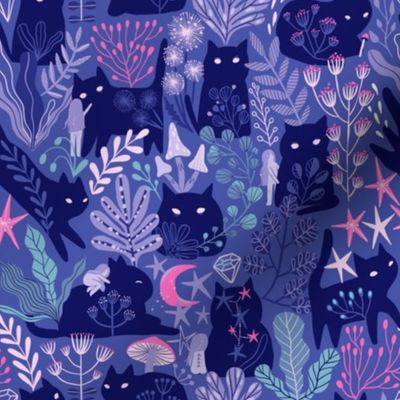 purple forest, cute cats, fairy girl elves.