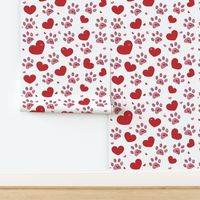 Dog paw print with hearts Happy Valentine's day greeting card and background