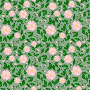 Watercolor Cherry blossom. Green summer pattern. Pink flowers with leaves. 