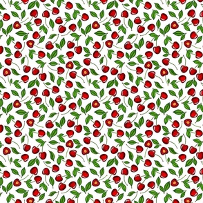 Cherry watercolor pattern. Summer red fruits with leaves. Fresh green branches. 