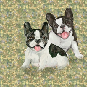 Two Happy French Bulldog Pups in Wildflower Field for Pillow