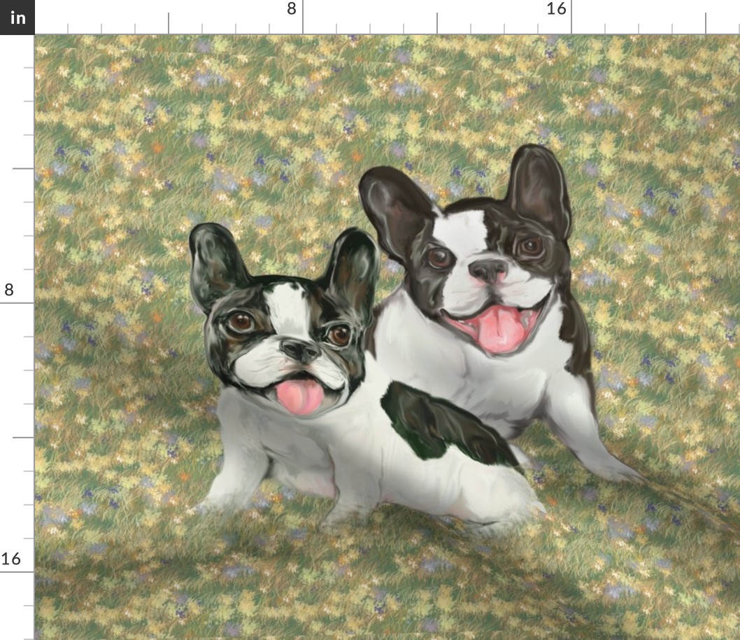 Two Happy French Bulldog Pups in Wildflower Field for Pillow