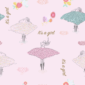 Seamless ballerina symbols_ flowers and lotus flowers. It's a girl_ newborn baby shower. Hand drawn seamless pattern for fabric design with pink background