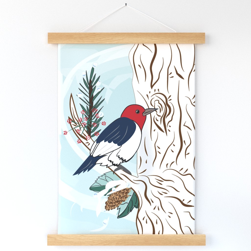 Icy Red-Headed Woodpecker - Tea Towel -  Must purchase on Linen Cotton Canvas for correct sizing.
