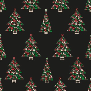 Made of paw print Christmas tree. Christmas and Happy New year seamless pattern with black background