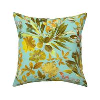 Leaves in Gold and Sage on Turquoise - large