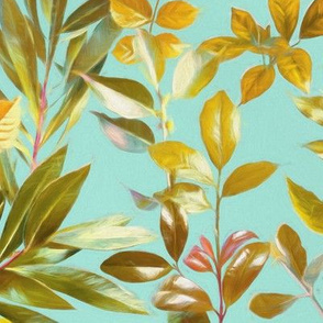 Leaves in Gold and Sage on Turquoise - large