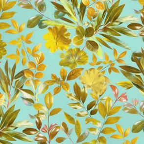 Leaves in Gold and Sage on Turquoise - medium