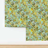 Leaves in Gold and Sage on Turquoise - small